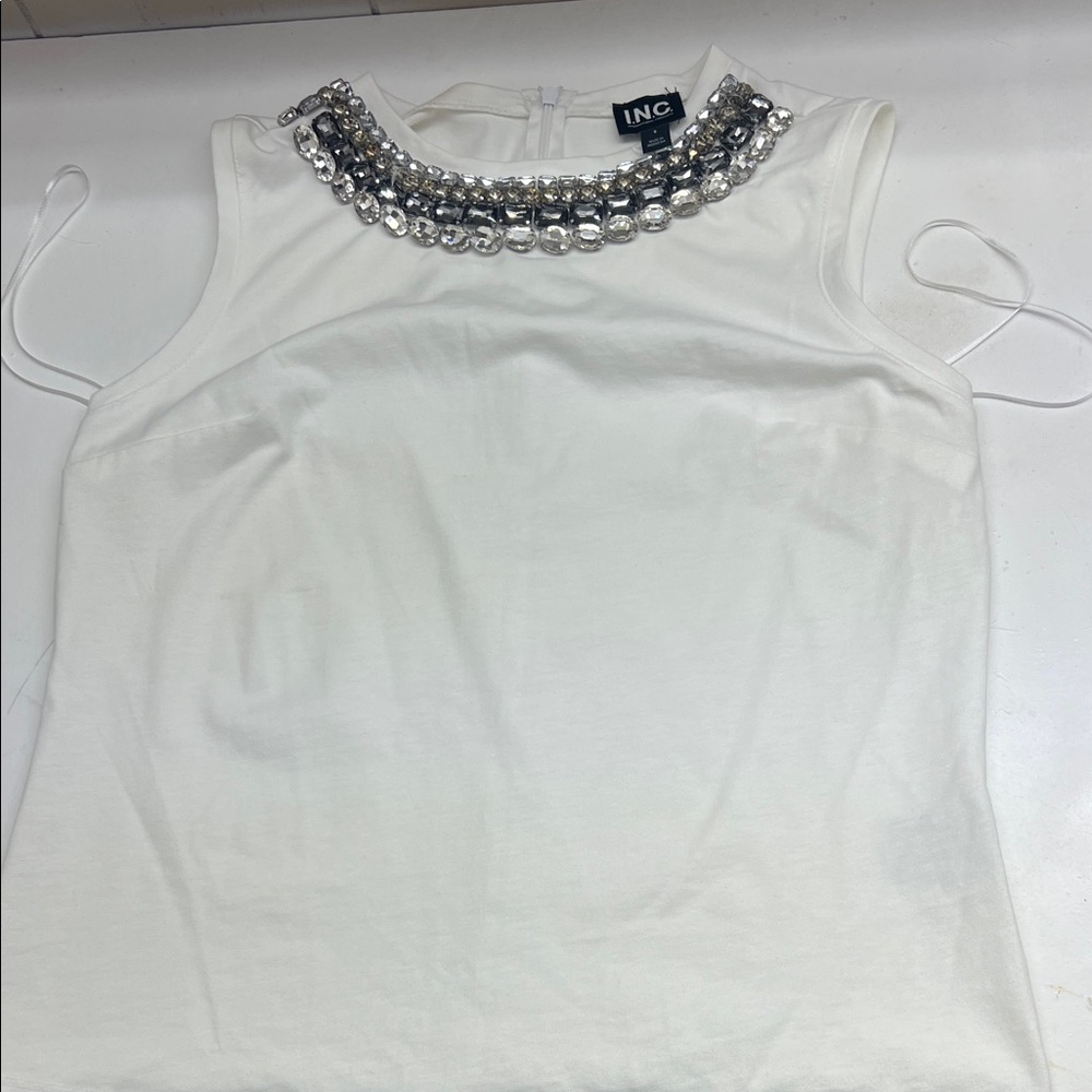 INC International Concepts White Sleeveless Top with Silver Embellishments